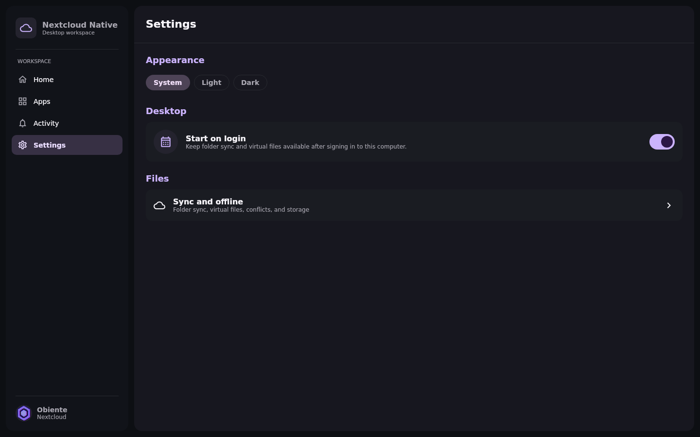 File sync Desktop settings: Start on login enabled
