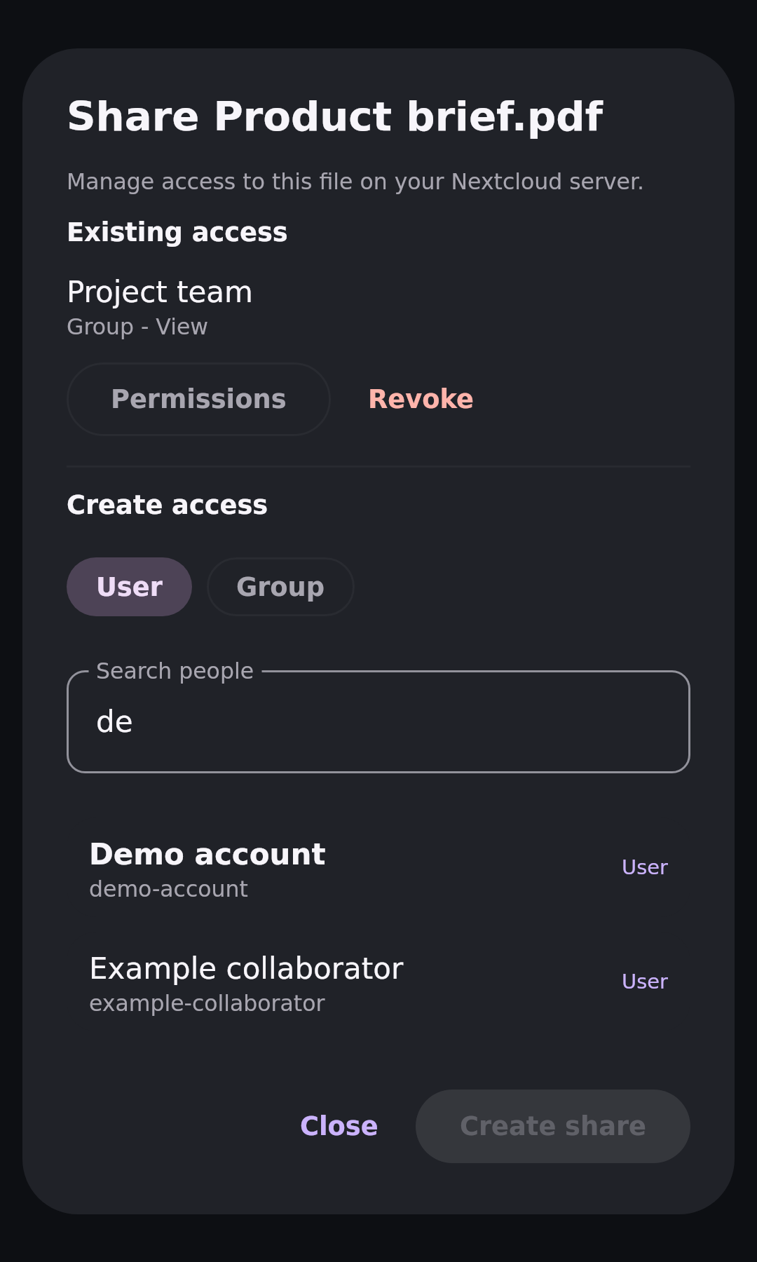 Files Share dialog: User search results
