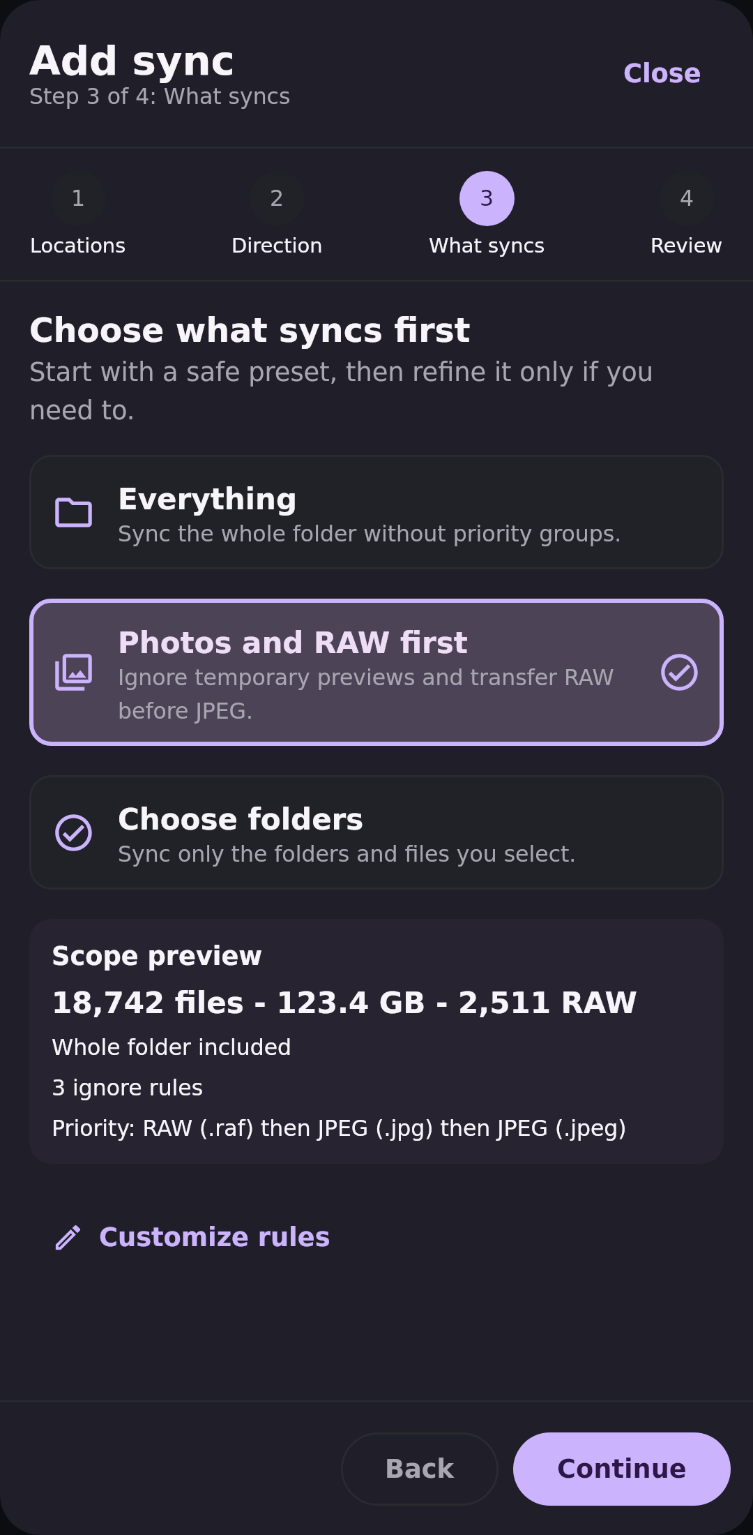 File sync Folder pair configuration: Selective, ignore, and priority rules