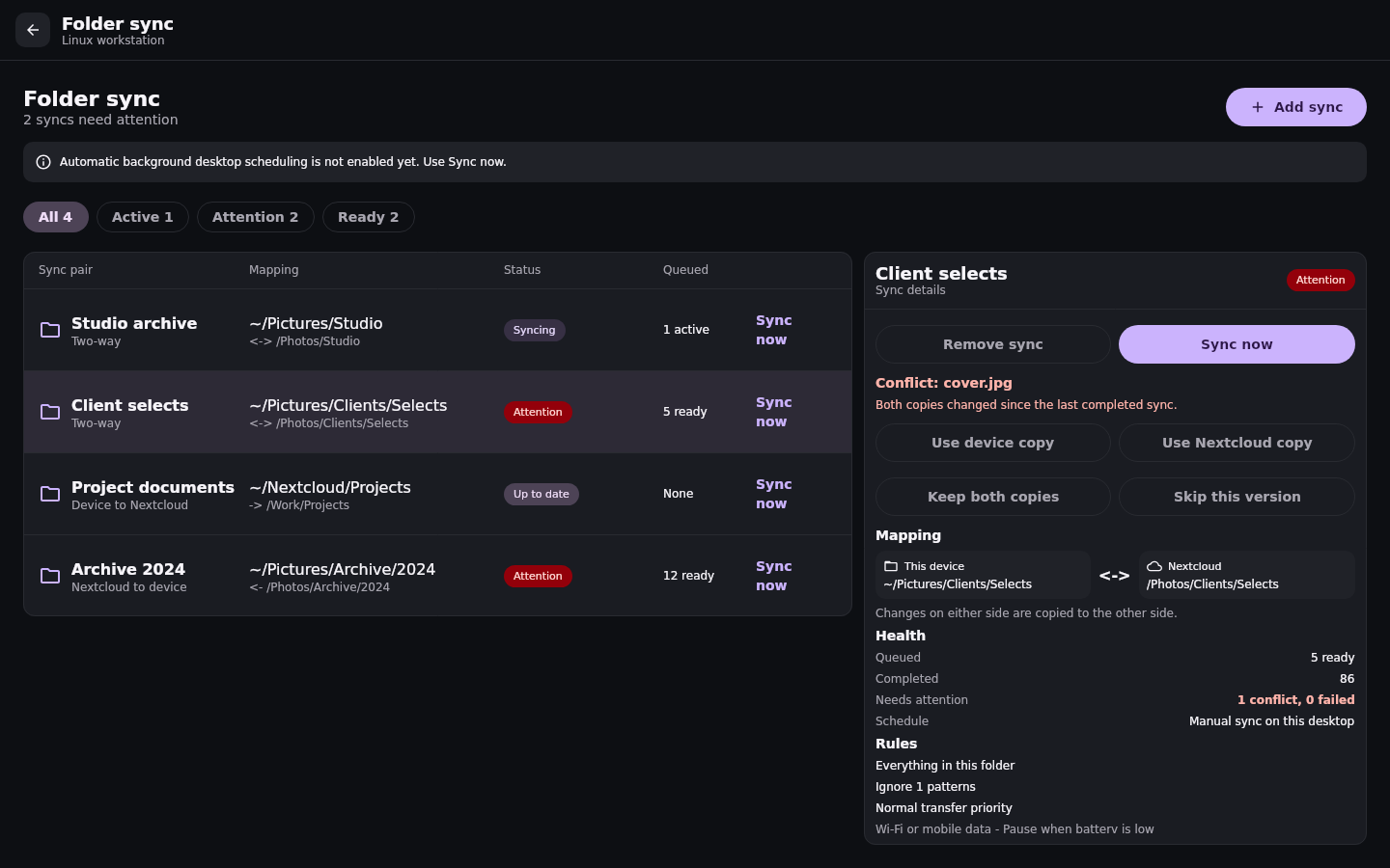File sync Folder sync center: Priority queue, conflict, and failure