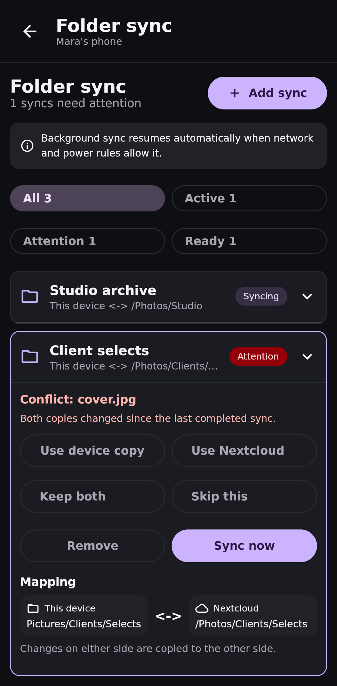 File sync Folder sync center: Conflict recovery and mapping health