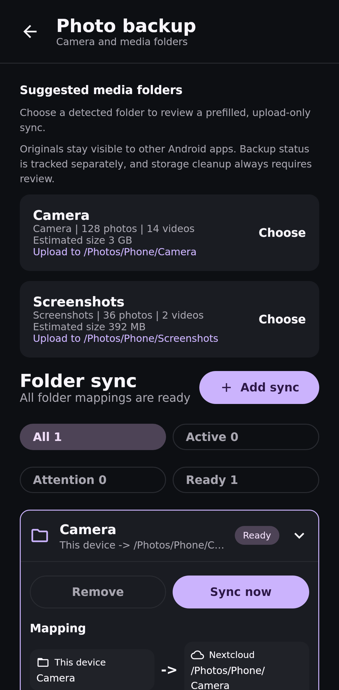 Nextcloud Native media backup view with Camera and Screenshots suggestions and active transfer counts