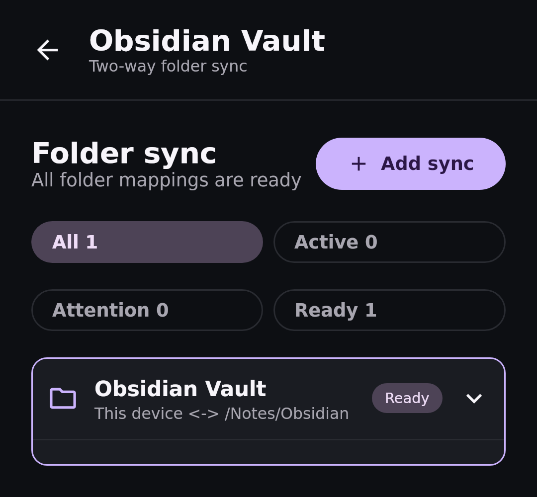 Nextcloud Native Obsidian vault two-way sync pair with pending and completed transfer counts