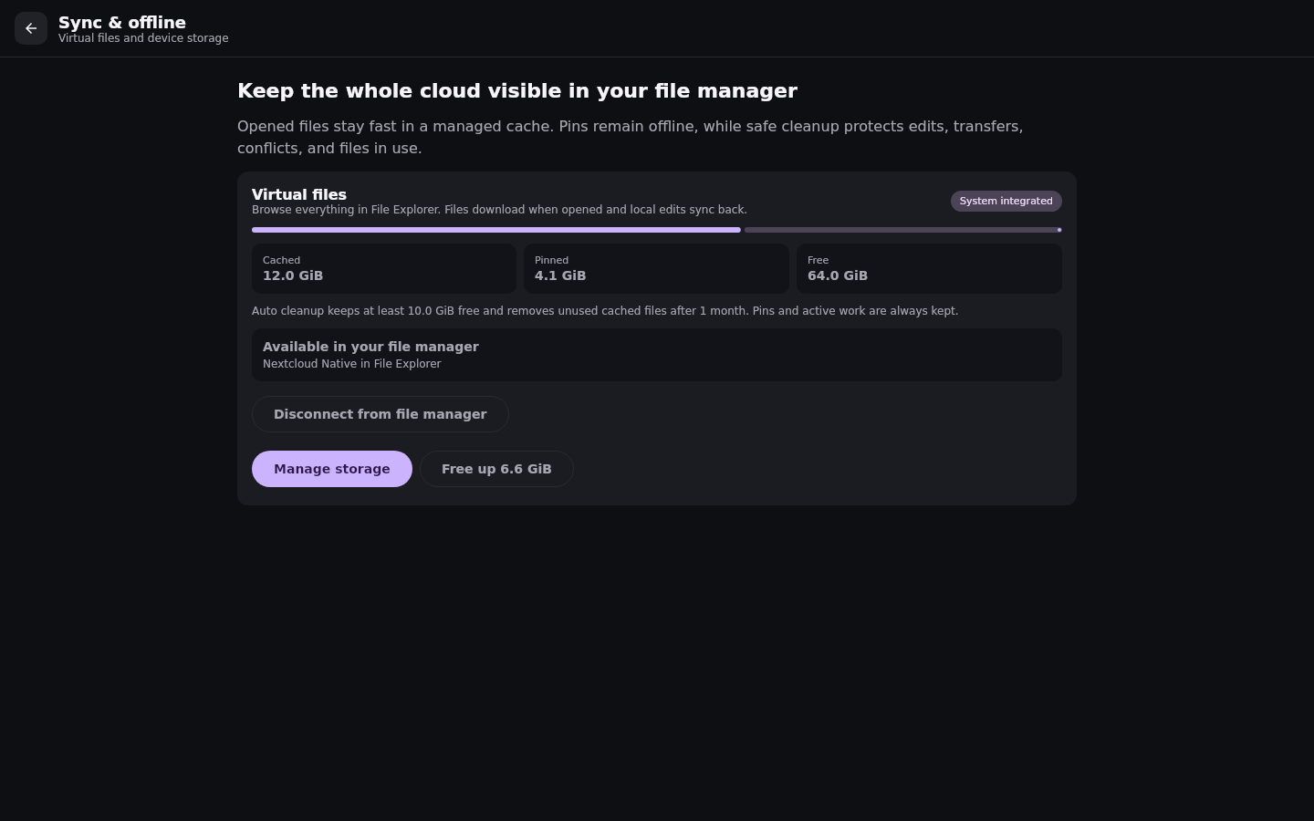 Virtual files Storage overview: Hydrated cache, pins, and free-up action